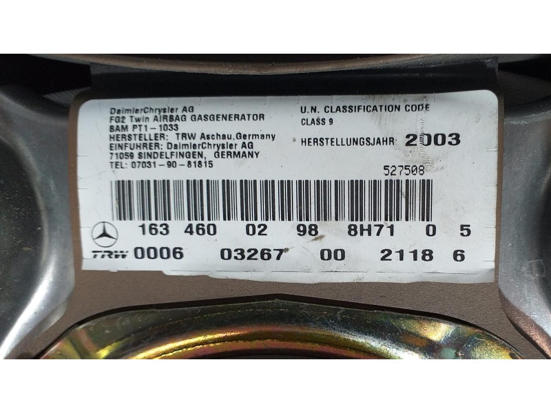 Recambio de airbag delantero izquierdo para mercedes-benz clase m (w163) 230 (163.136) referencia OEM IAM 1634600298 66114  Recambio de airbag delantero izquierdo para mercedes-benz clase m (w163) 230 (163.136) referencia OEM IAM 1634600298 66114
