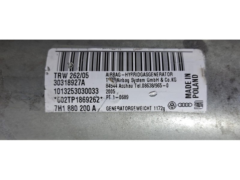 Recambio de airbag delantero derecho para volkswagen t5 bus california techo elevable referencia OEM IAM 7H1880200A 75802 R