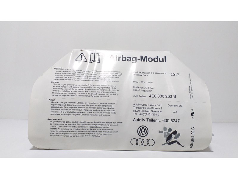 Recambio de airbag delantero derecho para audi a8 (4e2) 3.7 quattro referencia OEM IAM 4E0880203B 57822 