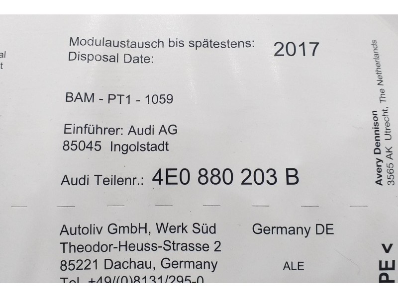 Recambio de airbag delantero derecho para audi a8 (4e2) 3.7 quattro referencia OEM IAM 4E0880203B 57822 