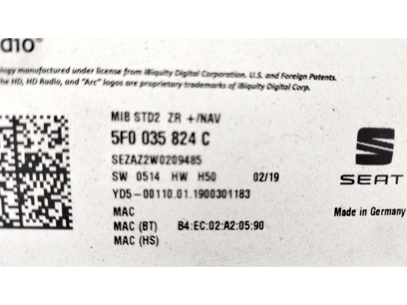Recambio de sistema audio / radio cd para seat leon st (5f8) 1.0 tsi referencia OEM IAM 5F0035824C  