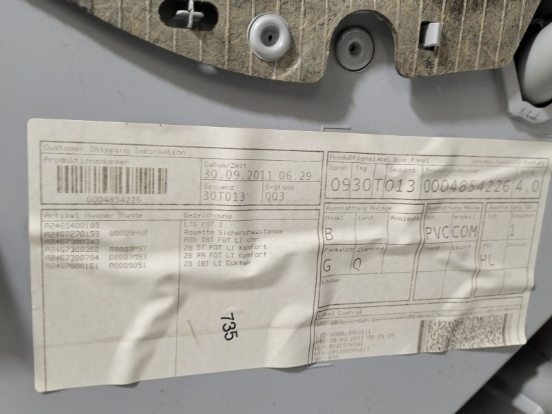 Recambio de guarnecido puerta trasera izquierda para mercedes-benz clase b sports tourer (w246, w242) b 180 cdi (246.200) refere